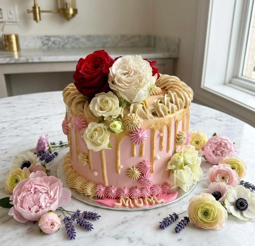 Pink floral drip cake topped with fresh roses for Mum