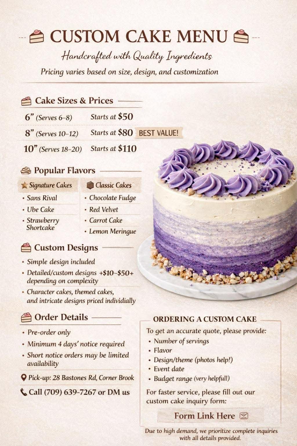 Sample custom cake designs and flavours