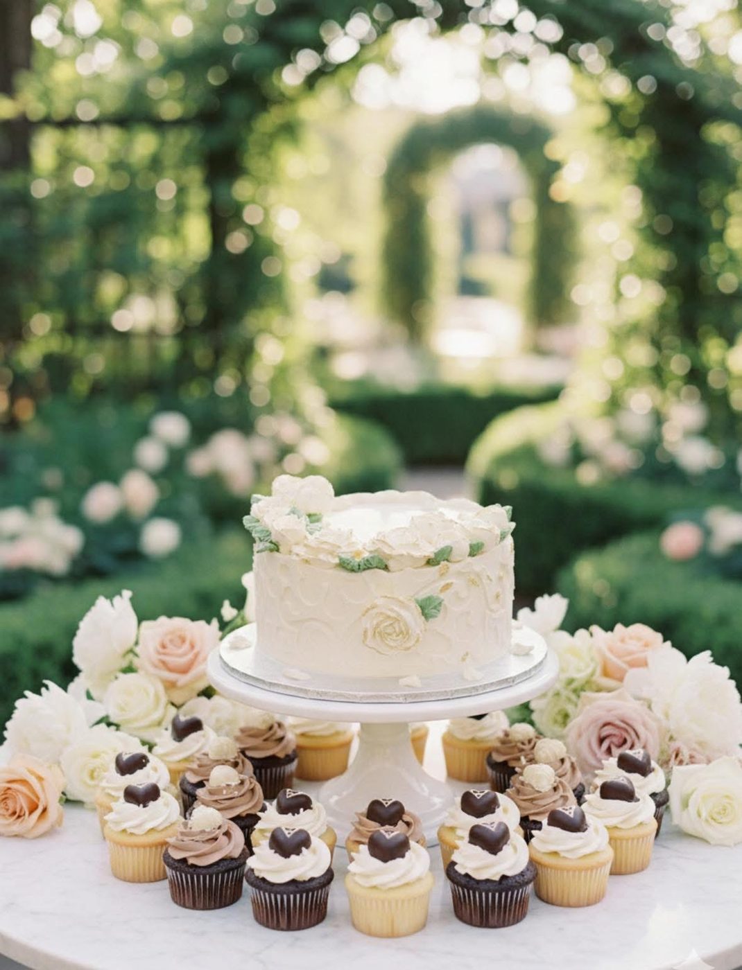 A frosted cake on a stand surrounded by cupcakes and fresh roses